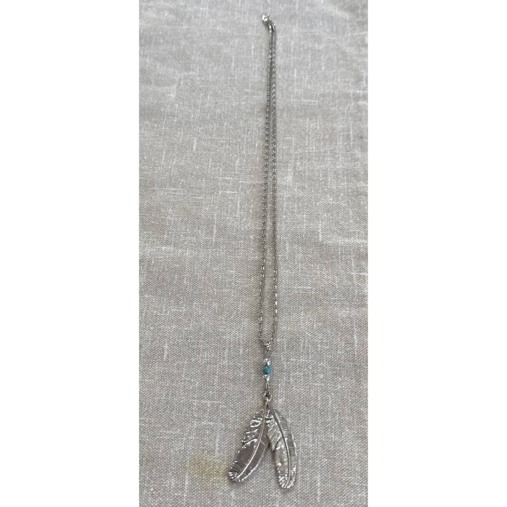 Double Feather Pendant Necklace With Turquoise Bead, 18"